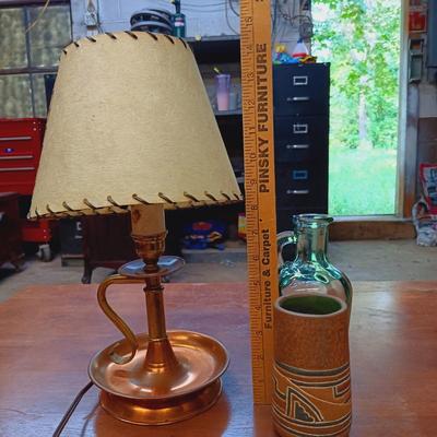 LOT 118: Vintage Oak Blanket Chest with Brass Electrified Candle Holder Lamp, Folk Art Pottery & More