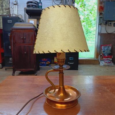LOT 118: Vintage Oak Blanket Chest with Brass Electrified Candle Holder Lamp, Folk Art Pottery & More