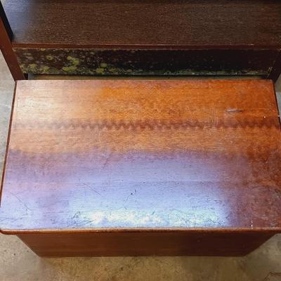 LOT 118: Vintage Oak Blanket Chest with Brass Electrified Candle Holder Lamp, Folk Art Pottery & More
