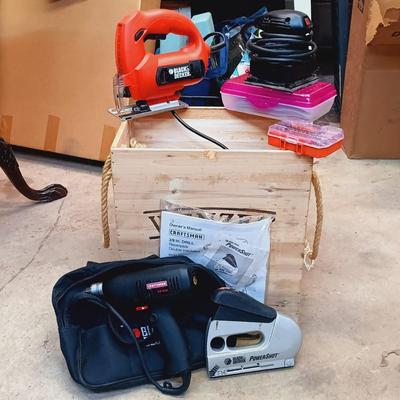 LOT 120: Black&Decker JS500 Jigsaw, Craftsman 1/4 Sheet Sander, Craftsman 3/8" Corded Drill & More