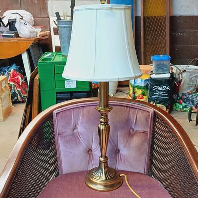 LOT 122: MCM Pink Velvet Cane Barrel Chair & Stiffel Candlestick Lamp