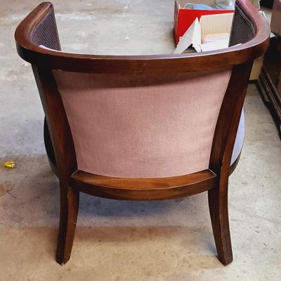LOT 122: MCM Pink Velvet Cane Barrel Chair & Stiffel Candlestick Lamp