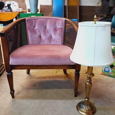 LOT 122: MCM Pink Velvet Cane Barrel Chair & Stiffel Candlestick Lamp
