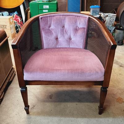 LOT 122: MCM Pink Velvet Cane Barrel Chair & Stiffel Candlestick Lamp