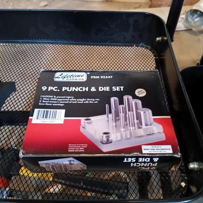 LOT 125: Pair of Metal Trolleys with Bauer Rotary Tool, Punch Sets, Black&Decker 3/8" Corded Drill & More