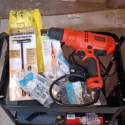 LOT 125: Pair of Metal Trolleys with Bauer Rotary Tool, Punch Sets, Black&Decker 3/8" Corded Drill & More