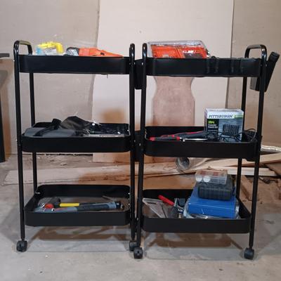 LOT 125: Pair of Metal Trolleys with Bauer Rotary Tool, Punch Sets, Black&Decker 3/8" Corded Drill & More