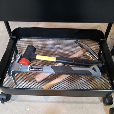 LOT 125: Pair of Metal Trolleys with Bauer Rotary Tool, Punch Sets, Black&Decker 3/8" Corded Drill & More