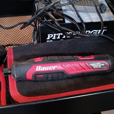 LOT 125: Pair of Metal Trolleys with Bauer Rotary Tool, Punch Sets, Black&Decker 3/8" Corded Drill & More