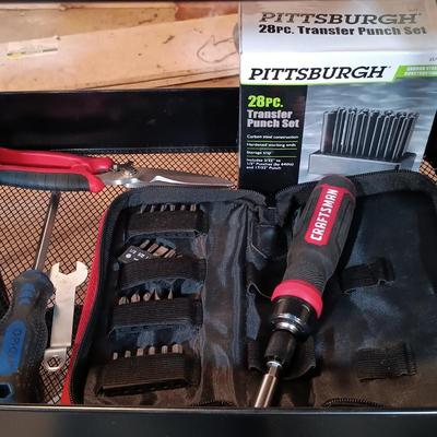 LOT 125: Pair of Metal Trolleys with Bauer Rotary Tool, Punch Sets, Black&Decker 3/8" Corded Drill & More
