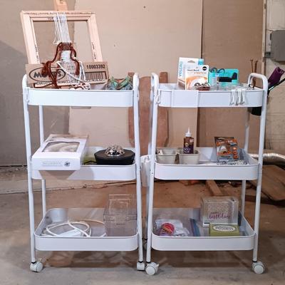 LOT 126: Pair of Metal Trolleys with NIP Pliers, Looms, 80Proof Goods Leather Working Scraps & More