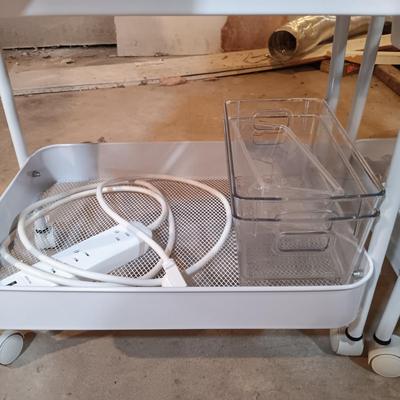 LOT 126: Pair of Metal Trolleys with NIP Pliers, Looms, 80Proof Goods Leather Working Scraps & More