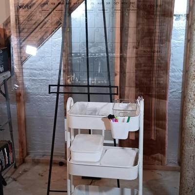 LOT 127: Large Acrylic Dry Erase Board Calendar with Easel, Metal Trolley & More