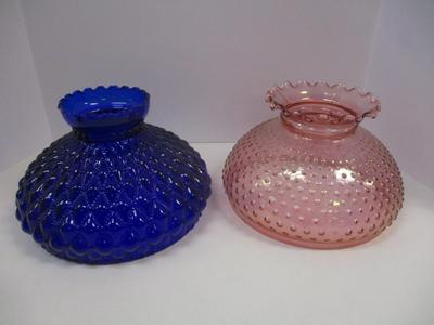 Cobalt Blue Glass Quilted Shade - Pink Hobnail Shade With Ruffled Top #1