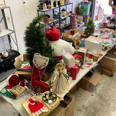 Sale Photo Thumbnail #1040: Mini x-mas light up tree, large snowman, Pinecone x-mas tree, two musical santas, shiny brite, x-mas decor, ornaments, stockings