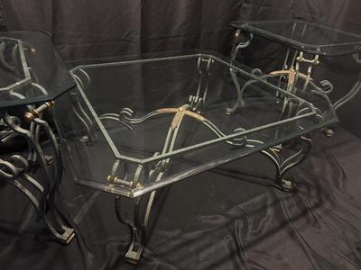 Heavy Iron Coffee Table & End Table Set - Thick Beveled Glass Tops
