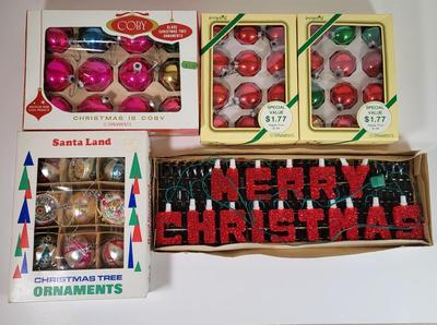 LOT 187L: Vintage Holiday Ball Ornaments by Santa Land, Coby and Rare 'Merry Christmas' Lighting Sign