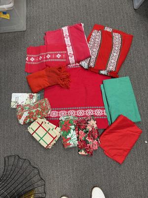 Sale Photo Thumbnail #371: Measurement details are on photo. All are in mostly very good condition, but some have light stains from use. Some of the napkins are homemade. Material is cotton or cotton blend.