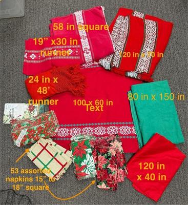 Sale Photo Thumbnail #374: Measurement details are on photo. All are in mostly very good condition, but some have light stains from use. Some of the napkins are homemade. Material is cotton or cotton blend.