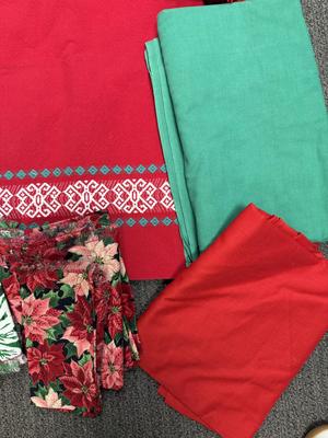 Sale Photo Thumbnail #373: Measurement details are on photo. All are in mostly very good condition, but some have light stains from use. Some of the napkins are homemade. Material is cotton or cotton blend.