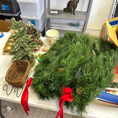 Sale Photo Thumbnail #1149: Bottle brush tree with music box, hand-blown glass ornaments, 11 shiny bright ornaments, two wreaths