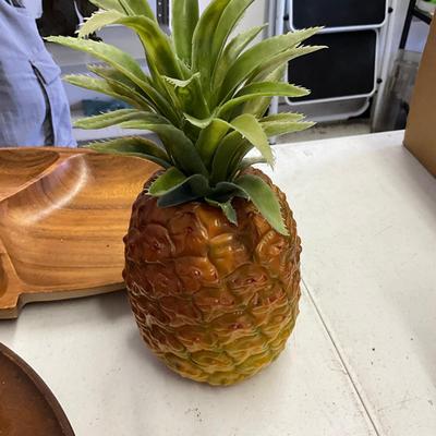Sale Photo Thumbnail #1171: Comes with wooden circle lazy susan, wooden leaf tray, two wooden bowls, pineapple, two serving spoons, small wooden cut block, one wooden cup