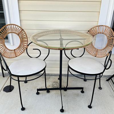 Sale Photo Thumbnail #1199: Wicker on one chair is loose
Table: 26" diameter x 30" high
Chairs: 33" high x 22" wide x 18" seat height