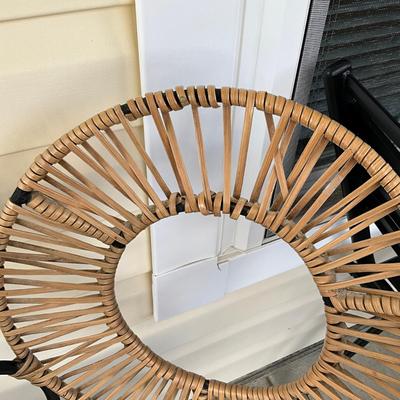 Sale Photo Thumbnail #1200: Wicker on one chair is loose
Table: 26" diameter x 30" high
Chairs: 33" high x 22" wide x 18" seat height