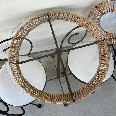 Sale Photo Thumbnail #1201: Wicker on one chair is loose
Table: 26" diameter x 30" high
Chairs: 33" high x 22" wide x 18" seat height