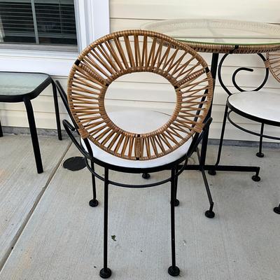 Sale Photo Thumbnail #1202: Wicker on one chair is loose
Table: 26" diameter x 30" high
Chairs: 33" high x 22" wide x 18" seat height