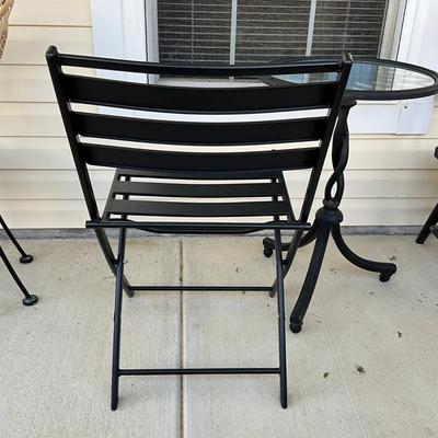 Sale Photo Thumbnail #1205: Fold-able metal chair: 31" high x 18" wide
Table: 18" diameter x 27" high