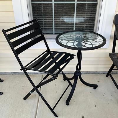 Sale Photo Thumbnail #1204: Fold-able metal chair: 31" high x 18" wide
Table: 18" diameter x 27" high