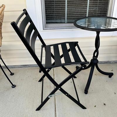 Sale Photo Thumbnail #1206: Fold-able metal chair: 31" high x 18" wide
Table: 18" diameter x 27" high