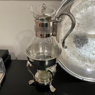 Sale Photo Thumbnail #1258: Comes with large silver plate & extra stand
Tray: 17.75" diameter
Coffee Warmer: 14" high