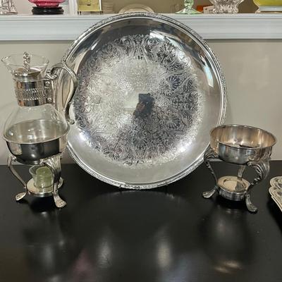 Sale Photo Thumbnail #1254: Comes with large silver plate & extra stand
Tray: 17.75" diameter
Coffee Warmer: 14" high