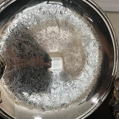 Sale Photo Thumbnail #1259: Comes with large silver plate & extra stand
Tray: 17.75" diameter
Coffee Warmer: 14" high