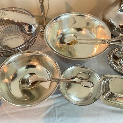 Sale Photo Thumbnail #1267: Snuffer & tray, Hot trays, 4 small cordials, picture frame, silver crumb catcher
Large tray: 10" diameter
Frame: 3" x 4"