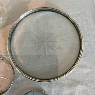 Sale Photo Thumbnail #1304: Sterling glass tray (6.5" diameter), Sterling Silver Measuring For Liquour, Sterling Silver Glass Bidders, 4 Sterling Silver Glass Small Coasters (3.5" diameter