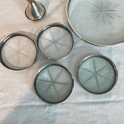 Sale Photo Thumbnail #1305: Sterling glass tray (6.5" diameter), Sterling Silver Measuring For Liquour, Sterling Silver Glass Bidders, 4 Sterling Silver Glass Small Coasters (3.5" diameter