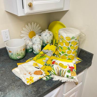 Sale Photo Thumbnail #1351: Large Lemon Pitcher, Multi-Hand Towel, 4 Floral Pots With Lids, Glass Flower Plate
