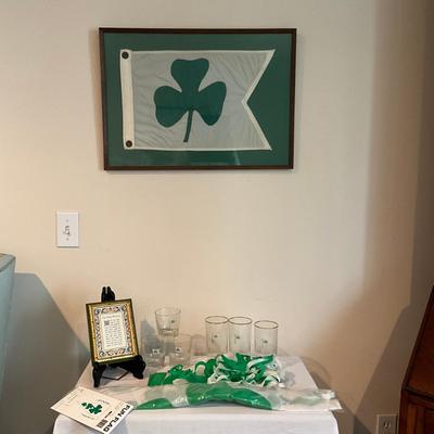 Sale Photo Thumbnail #1363: Three small glasses, three tall glasses, flags, picture frame, one framed boat flag (24" wide x 17" high)