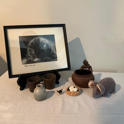 Sale Photo Thumbnail #1394: Comes with Framed Art, two cups, one jar, two small cat figures, mouse stuffed animal