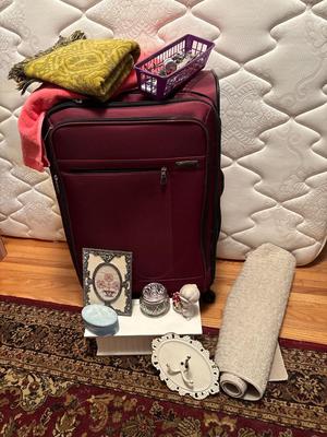 Suitcase, collection of scissors and more