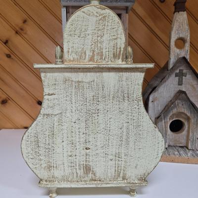 LOT 63P: Country Cottage Decor Including Ceramic Pitcher, Wooden Church, and More