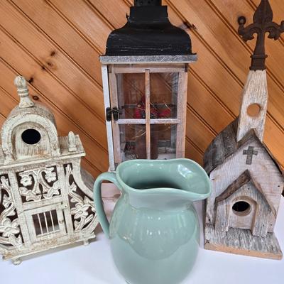 LOT 63P: Country Cottage Decor Including Ceramic Pitcher, Wooden Church, and More