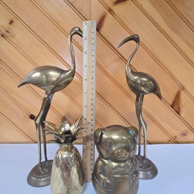 LOT 142F: Two Brass Cranes Figures, Pineapple, and Piggy Bank