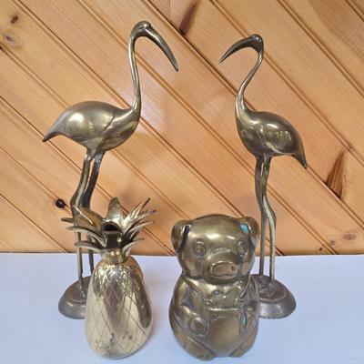 LOT 142F: Two Brass Cranes Figures, Pineapple, and Piggy Bank