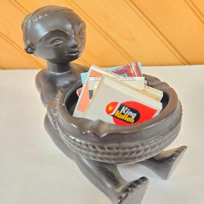 LOT 145F: Wooden Dough Bowl Filled with Matches and Incense Burner/ Ashtray