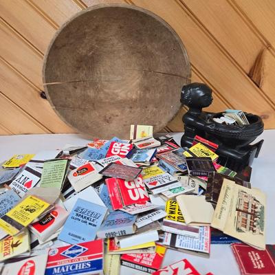 LOT 145F: Wooden Dough Bowl Filled with Matches and Incense Burner/ Ashtray