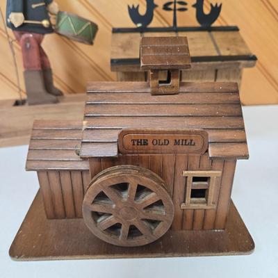 LOT 147F: Musical Wooden Old Mill, Recipe Box, Wooden Block Church, and Folk Art Automata Drummer